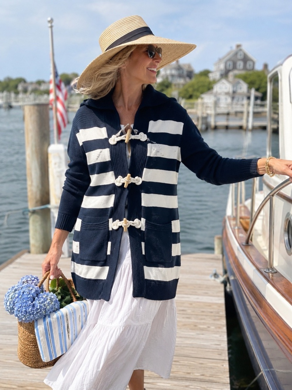 Talbots Nautical Striped Toggle Coatigan Sweater Navy White Cotton Knit Medium